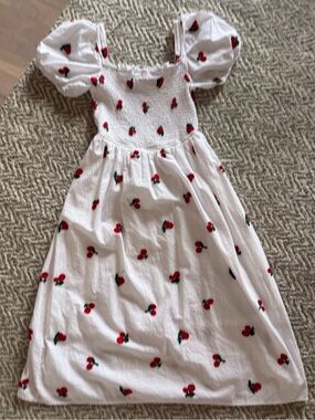 White Smocked Girls Dress with Red Cherry Print